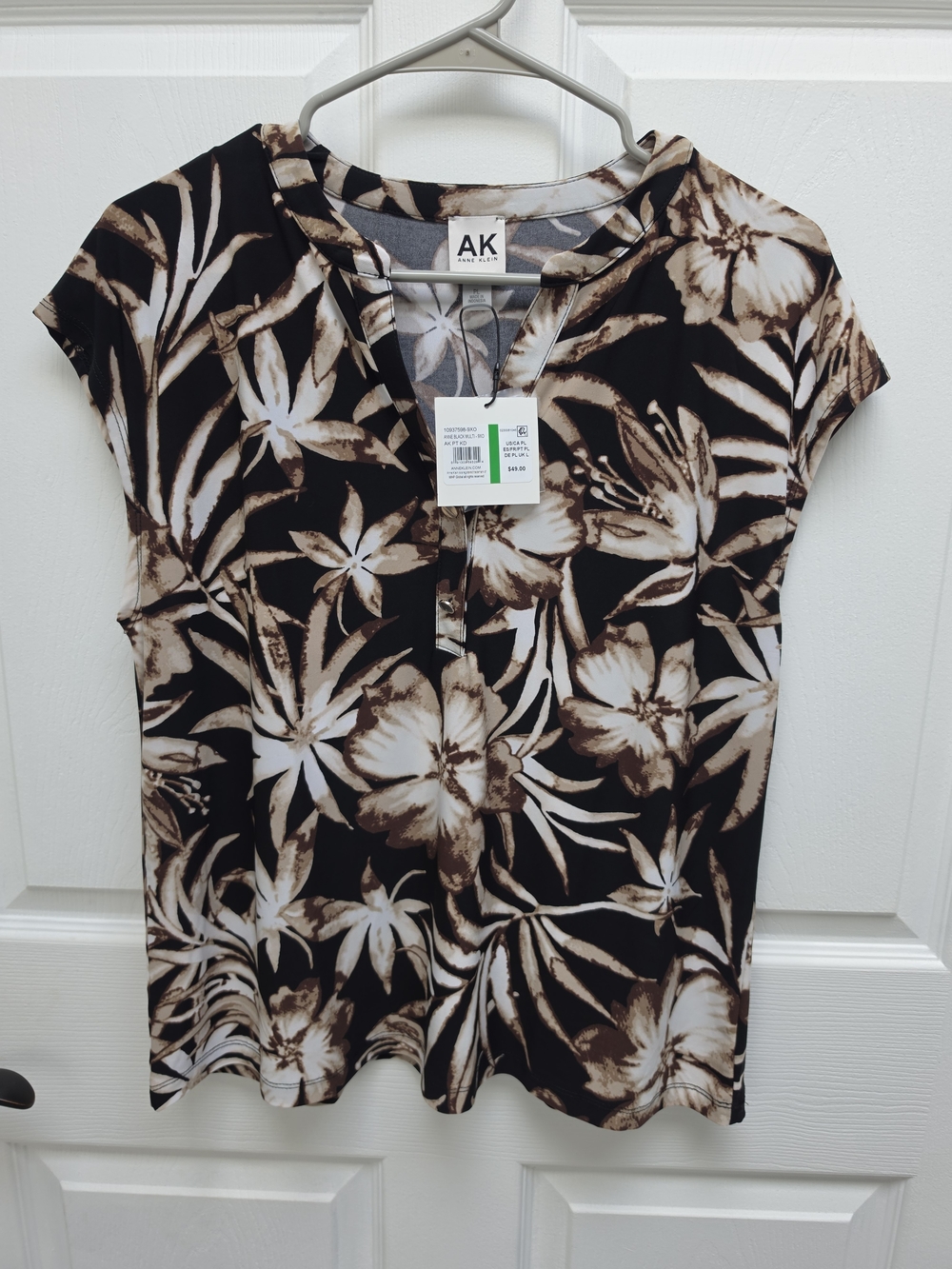 Anne Klein Black Floral Cap-Sleeve V-Neck Top